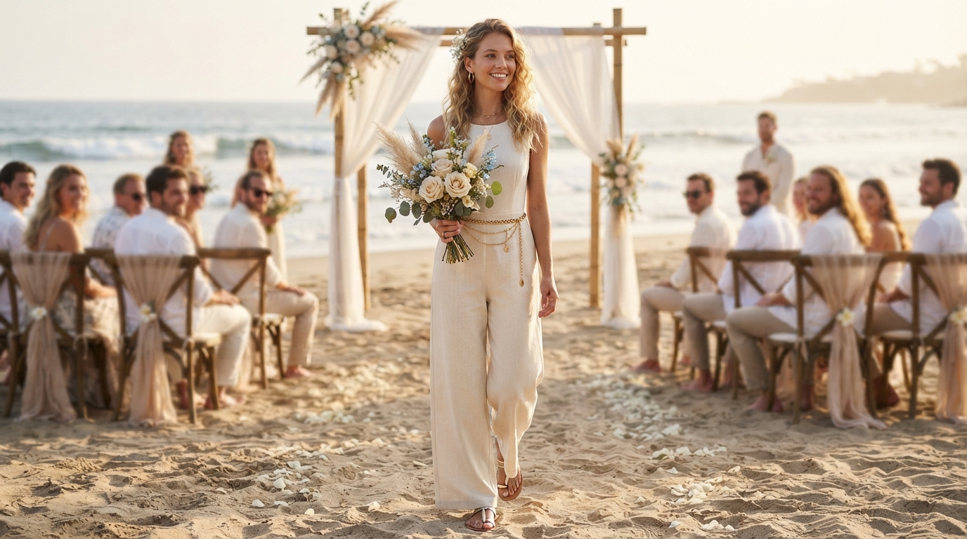 Monochromatic Cream Linen Jumpsuit with Wide Legs & Gold Belt